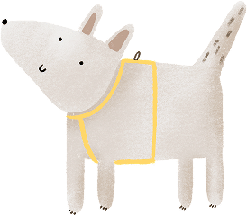 Illustration of a light-colored dog with a yellow harness, standing and facing left, with simple facial features and a dotted tail.